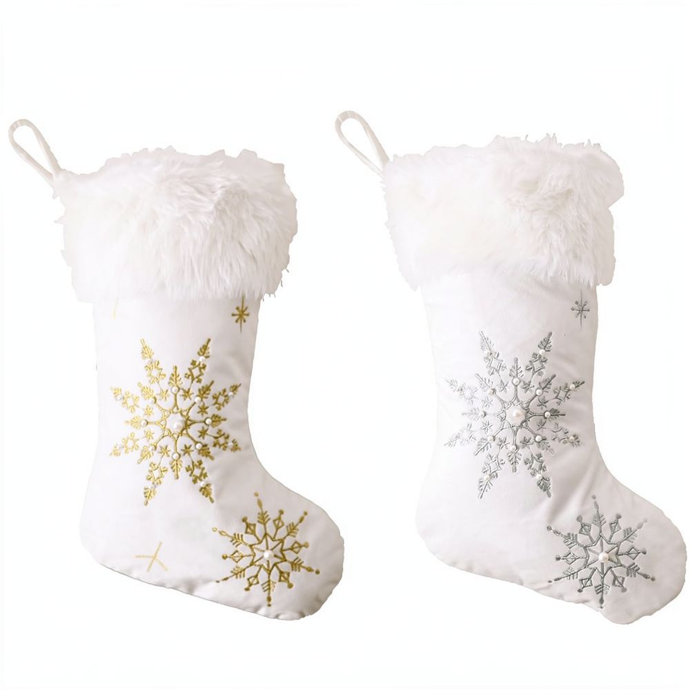 Christmas Stocking Hanging - Kadife Noel Çorabı, İnci Detaylı Kar